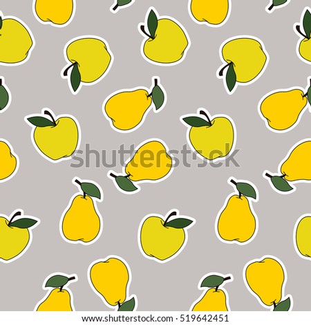 Pears and Apples Sticker Vector Seamless Cartoon Illustration on Grey Background.. Pattern in swatch
