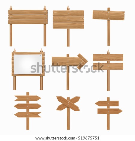 Wooden signboards, wood arrow sign vector set