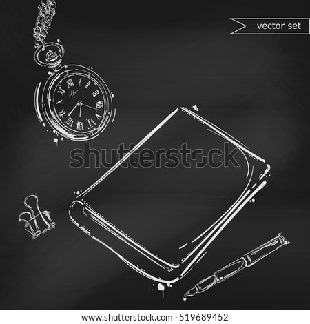 Abstract vector illustration with a notebook, a pen and a pocket watch. Set against the background of the school board.