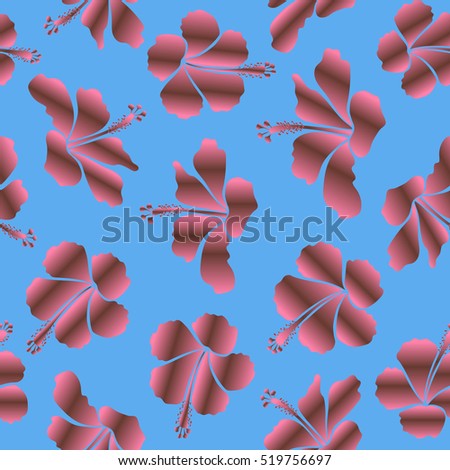Vector illustration. Vector illustration of blue, brown and pink hibiscus flowers. Seamless pattern with blue, brown and pink flowers.