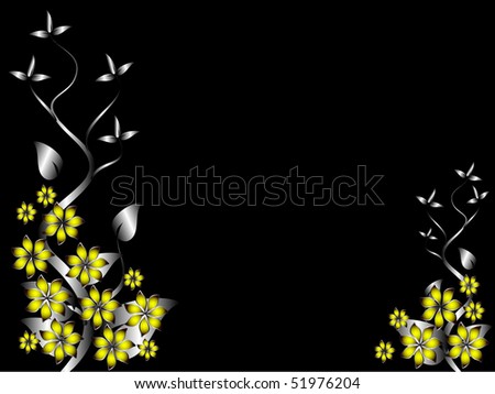 A silver and yellow floral background template design with room for text on a black background