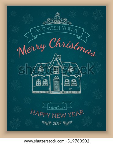 Greeting text and sketch decorations. Christmas and New year card template. Vector vintage background.