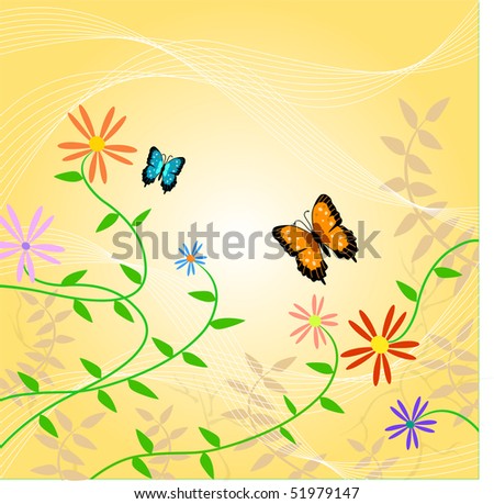Image of butterflies and flowers on a yellow background.