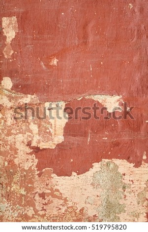 Old Red Rusty Plaster Wall With Worn Surface Vertical Empty Grunge Background. Brown Red Brickwall With Shabby Stucco Finishing Layer Isolated Texture. Empty Painted Vintage Grunge Wallpaper