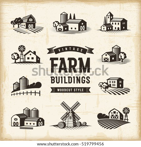 Vintage Farm Buildings Set. Editable EPS10 vector illustration in retro woodcut style with clipping mask and transparency. Royalty-Free Stock Photo #519799456