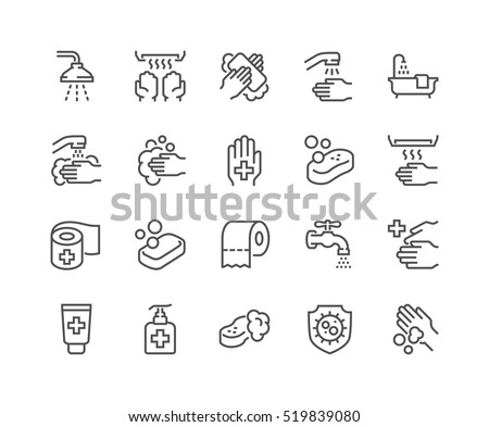 Simple Set of Hygiene Related Vector Line Icons. 
Contains such Icons as Washing Hands, Shower, Antibacterial Soap and more.
Editable Stroke. 48x48 Pixel Perfect.