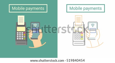 Mobile payment design concept with terminal and hand holding phone. Flat and linear symbol or icon design