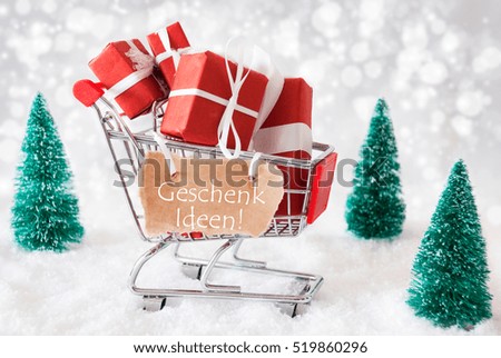 Trolly With Christmas Gifts, Snow, Geschenk Ideen Means Gift Ideas