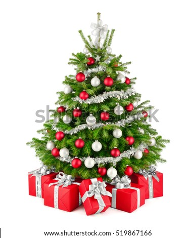 Gorgeous natural Christmas tree with red, white and silver ornaments and matching gift boxes, studio isolated on white background
