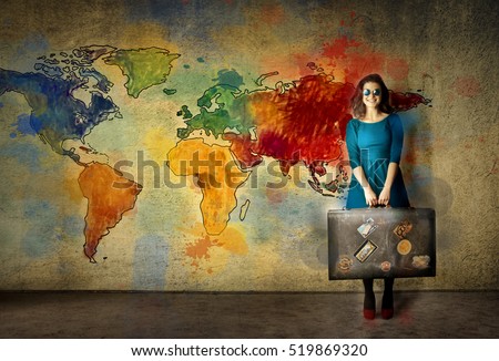 woman on color world map background Royalty-Free Stock Photo #519869320