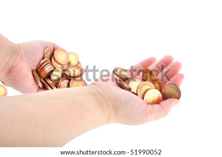 Two hands hold shiny coins