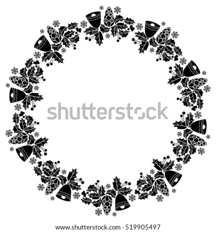 Silhouette  round frame with Christmas bell, holly berry and pine cones. Copy space. Vector clip art.