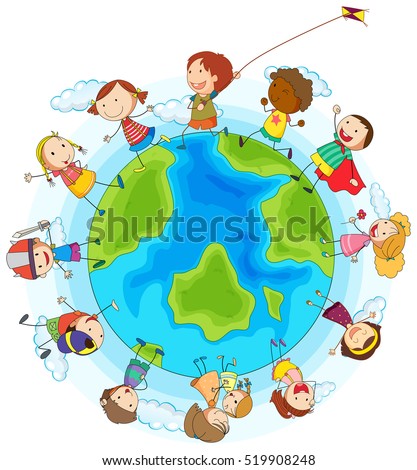 Boys and girls playing around the world illustration
