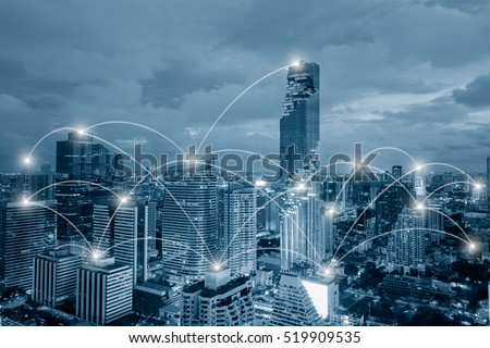 Network business conection system on cityscape background Royalty-Free Stock Photo #519909535