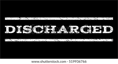 Discharged watermark stamp. Text caption between horizontal parallel lines with grunge design style. Rubber seal stamp with scratched texture. Vector white color ink imprint on a black background.