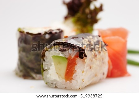 Japanese sushi rolls isolated on white background.