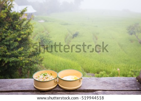 fried rice and fried egg in food carrier on wood balcony of farmhouse among rice field in the morning