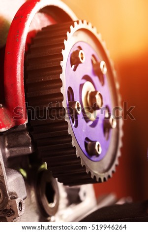 Gear of the machine in gearbox, transmission the power from engine to wheel, Machine equipment of vehicles, repair machine job in the garage. gear industry in workshop with retro picture style.