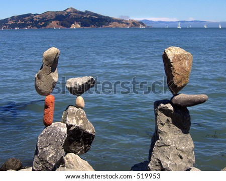 Carefully balanced rocks decorate the shore near Sausalito
