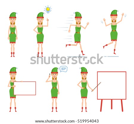 Set of female Christmas elf characters posing in different situations. Cheerful elf pointing up, running, jumping, holding banner, talking on phone, pointing to whiteboard. Flat vector illustration