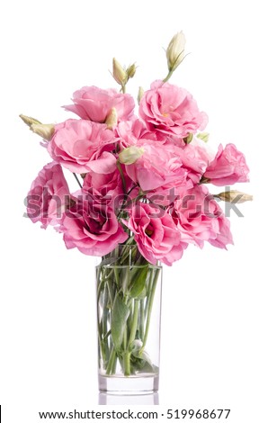 bunch of  pink eustoma flowers in glass vase isolated on white Royalty-Free Stock Photo #519968677