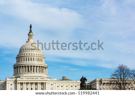 Daytime Landscape US Capitol Building Washington DC Grass Blue Sky Royalty-Free Stock Photo #519982441