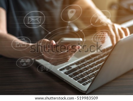 SEO Internet marketing e-commerce, online banking payment, and VOIP voice over internet protocol technology on mobile smart phone device all app via digital computer communication business service Royalty-Free Stock Photo #519983509