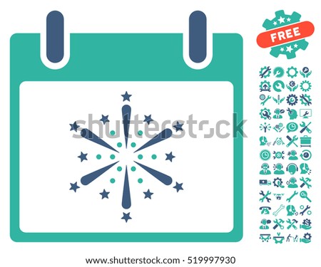 Fireworks Boom Calendar Day icon with bonus setup tools clip art. Vector illustration style is flat iconic symbols, cobalt and cyan, white background.