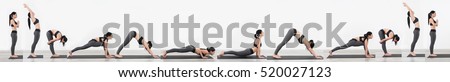 Young woman practicing yoga, white background. Sport concept. Royalty-Free Stock Photo #520027123