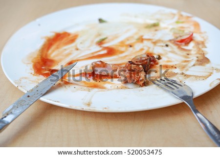 Dirty dishes of steak after eaten with knife and fork.