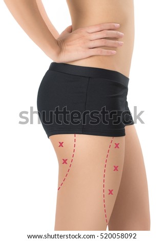 woman posing perfect healthy body shape the red color crosses marking on her thigh, Lose weight and liposuction cellulite removal concept, Isolated on white background.