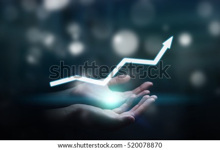 Businesswoman holding digital arrow in her hand 3D rendering