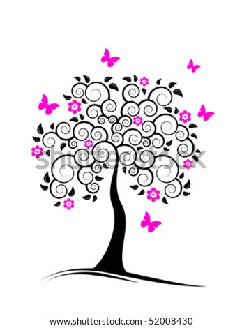vector flowering tree and butterflies on white background
