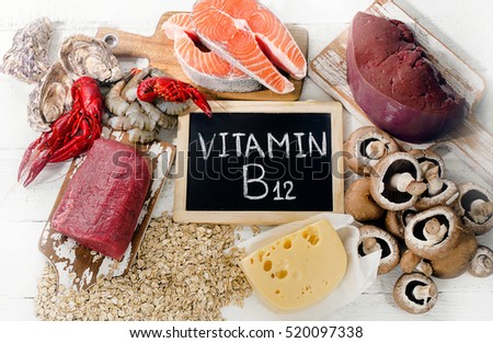 Sources of Vitamin B12 (Cobalamin). Healthy diet eating.  Royalty-Free Stock Photo #520097338