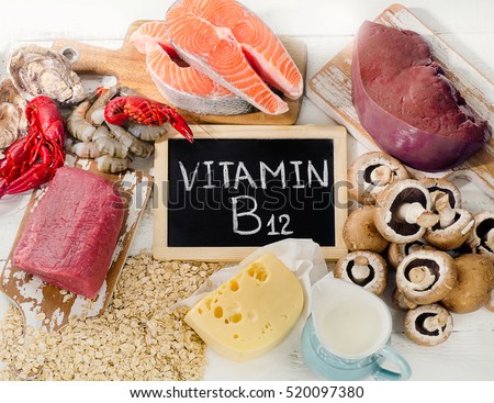 Natural sources of Vitamin B12 (Cobalamin). Healthy diet eating. Top view Royalty-Free Stock Photo #520097380