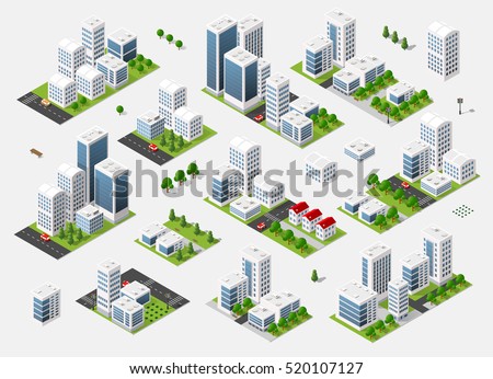 Isometric set 3D city three-dimensional summer town quarter. Skyscrapers, apartment, office, houses and streets with urban traffic movement of the car with trees and nature Royalty-Free Stock Photo #520107127