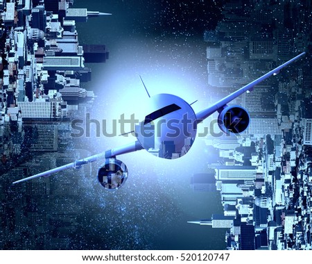Front view of airplane on abstract night city background. Double exposure 