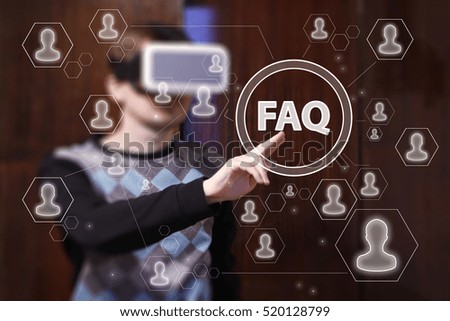 Businessman touch button FAQ in virtual reality device VR