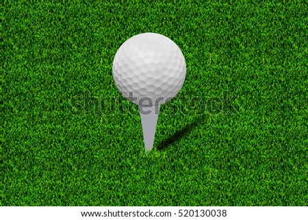 White golf ball on green grass isolated on white with shadow horizontal background for web page