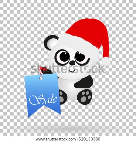 Christmas panda bear in a red cap and stickers for sale and the mood of the New Year on the background isolate