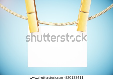 Empty white business card hanging on rope. Mock up, 3D Rendering