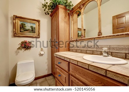 Bathroom vanity cabinet with vintage style mirror and storage unit in the bathroom. Northwest, USA