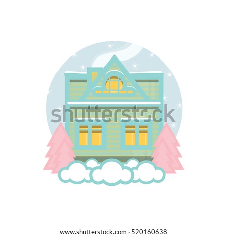 Vector element for design. Illustration of winter flat house, winter flat home, cartoon landscape with snow, drift, pine tree, Christmas tree, snowflakes. Tender colors 