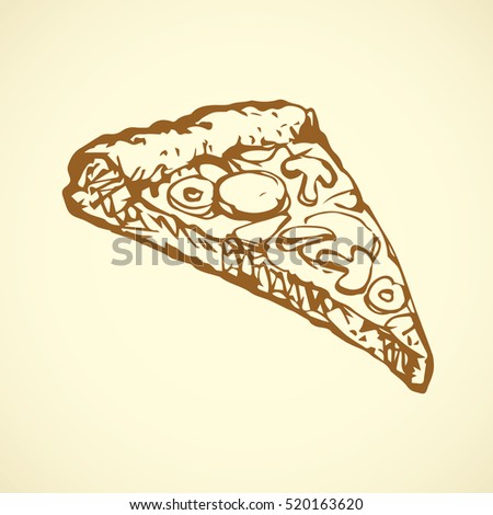 Appetizing traditional crust cheesy flatbread isolated on white background. Outline ink hand drawn picture symbol sketch in art retro doodle graphic style pencil on paper with space for text. Top view