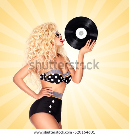 Beautiful pinup bikini model, licking LP microgroove vinyl record on colorful abstract cartoon style background.