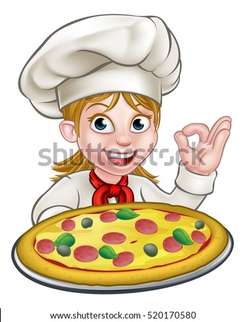 Cartoon female woman chef character holding a pizza and giving a perfect okay delicious cook gesture