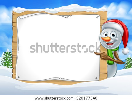A happy Christmas snowman cartoon character in a winter scene peeking around pointing at a sign