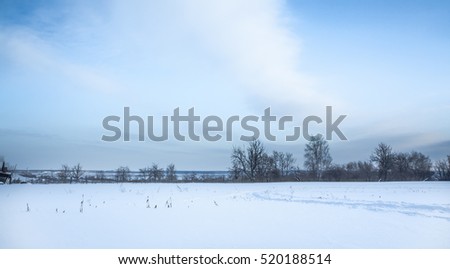 Panoramic winter landscape with snow field in countryside and trees on horizon