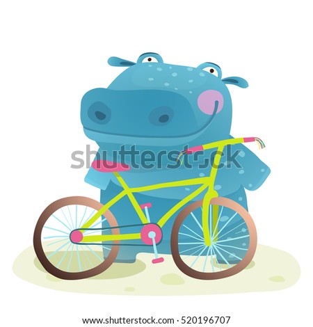 Hippo with Bicycle. Happy fun wild animal doing bicycle sport for children illustration.