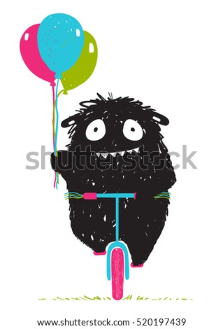 Black Little Monster Afraid of Riding Bicycle Cartoon for Kids. Happy funny little monster in action with balloons and bicycle for children cartoon illustration.